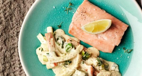 Ugnsbakad puckellax med senapsstuvade rotfrukter