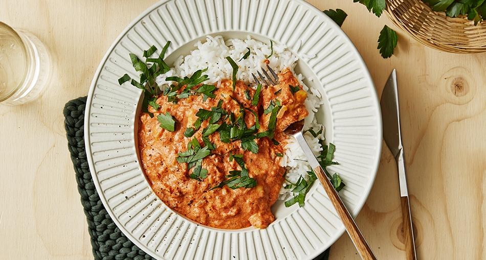 Emåmejeriets stroganoff med stekost och persilja