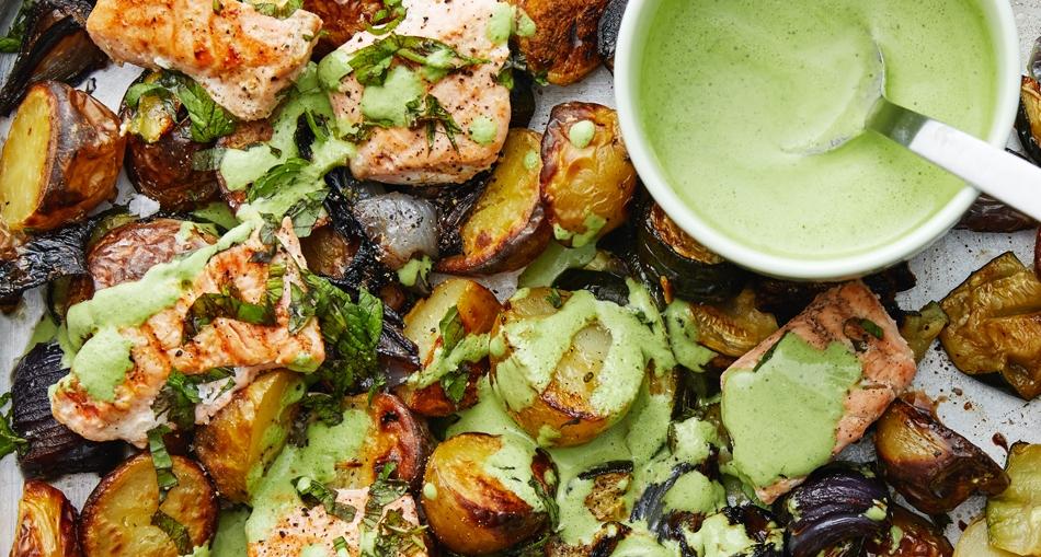 Grillad lax med rostade grönsaker